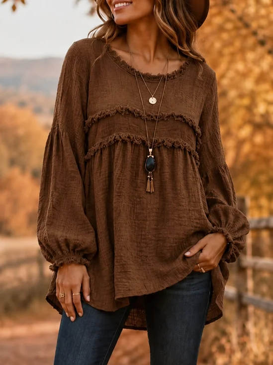Women Plain Casual Blouse Crew Neck Long Sleeve Top