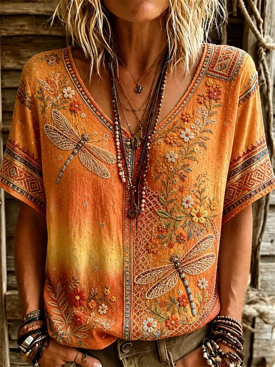Vintage Floral V Neck Short Sleeve T-shirt