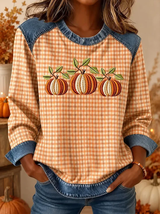 Vintage Plaid Crew Neck Long Sleeve Sweatshirt