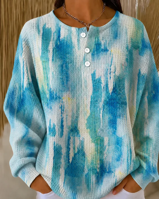 Casual Random Print Henley Collar Long Sleeve Sweatshirt