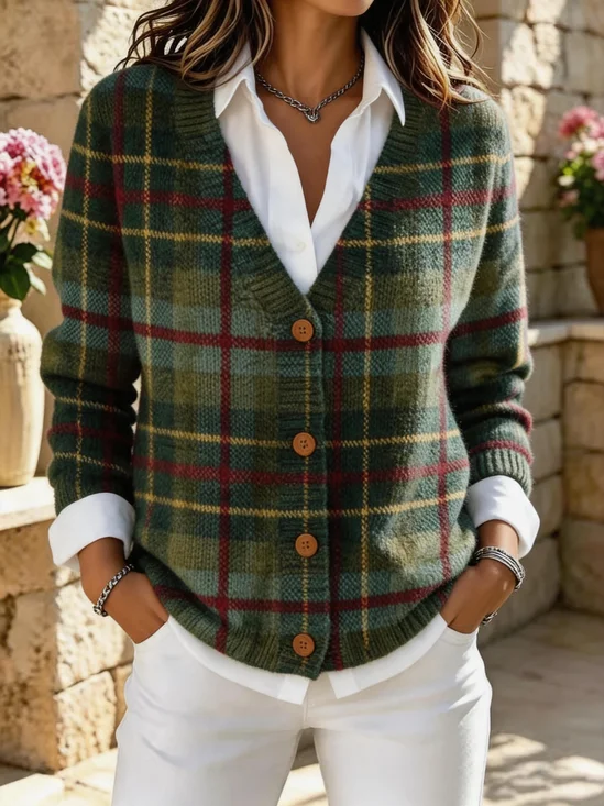 Women Plaid Long Sleeve Comfy Vintage Cardigan