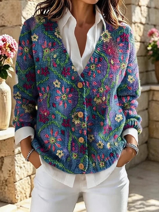 Women Floral Long Sleeve Comfy Vintage Cardigan