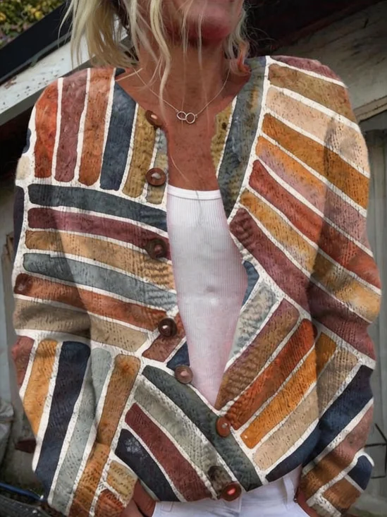 Women Geometric Long Sleeve Comfy Vintage Cardigan