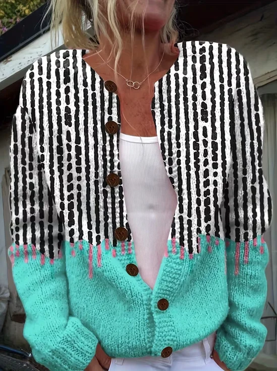 Women Color Block Long Sleeve Comfy Vintage Cardigan