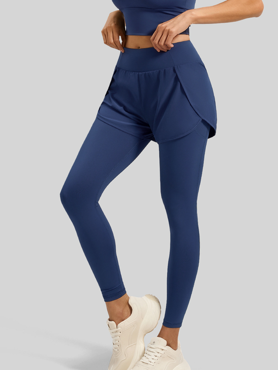 Women's Faux Two-Piece Yoga Leggings with Hidden Pocket High Waist 2-in-1 Workout Running Pants