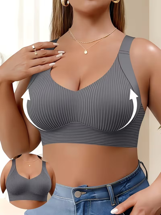 Wireless Ribbed Bust Lifting Bra for Women Wide Band Seamless Comfort Sports Bra