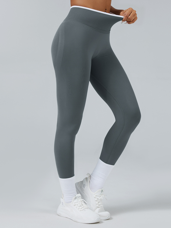 Women's Seamless High Waist Yoga Pants Contrast Double Waistband Tummy Control Workout Leggings