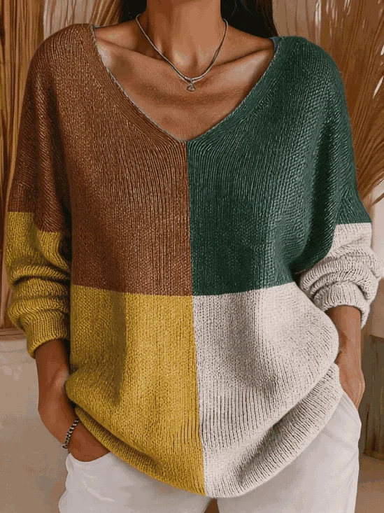 Vintage Color Block V Neck Long Sleeve T-shirt