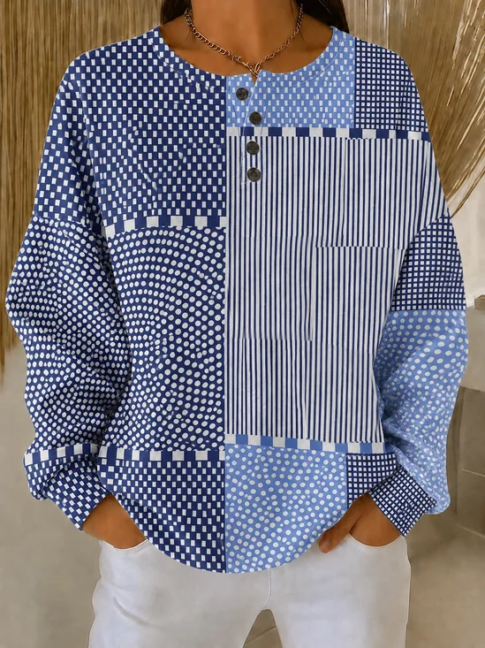 Casual Striped Henley Collar Long Sleeve Sweatshirt