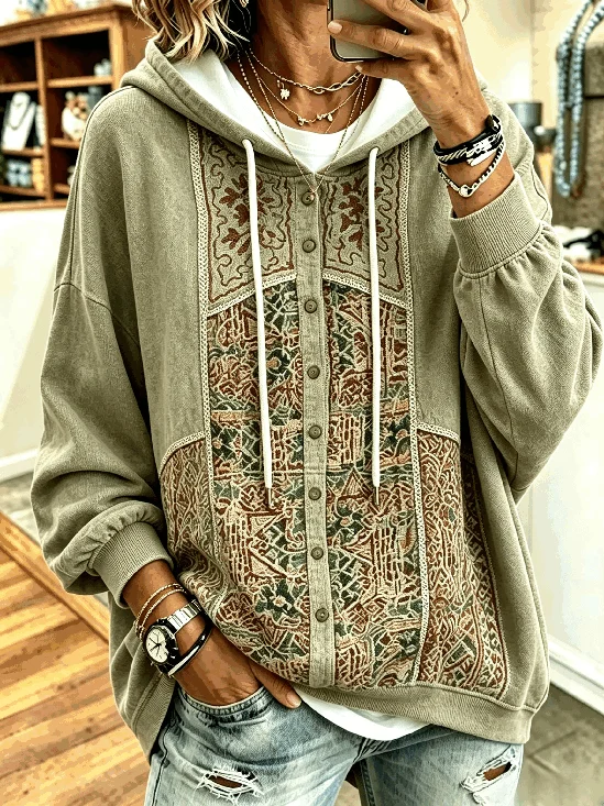 Women's Vintage Patchwork Hoodie with Printed Decorative Buttons (No Real Buttons)