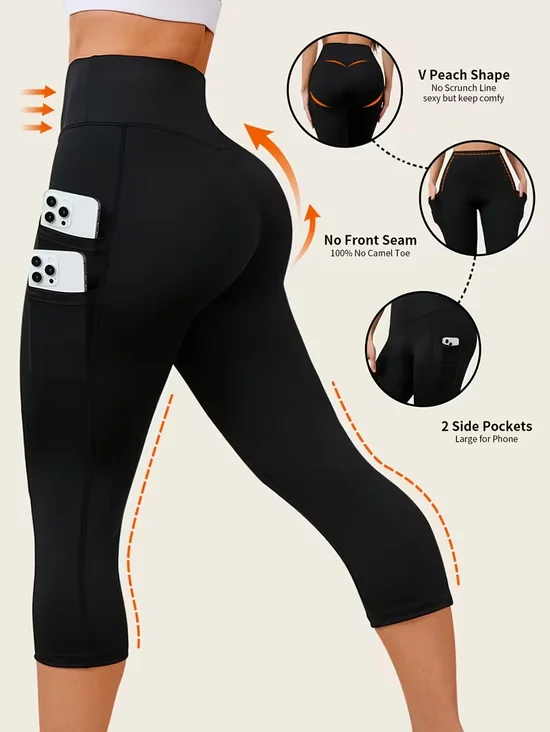 Women's High Waist Capri Leggings with Pockets V-Peach Lifting Yoga Crop Pants