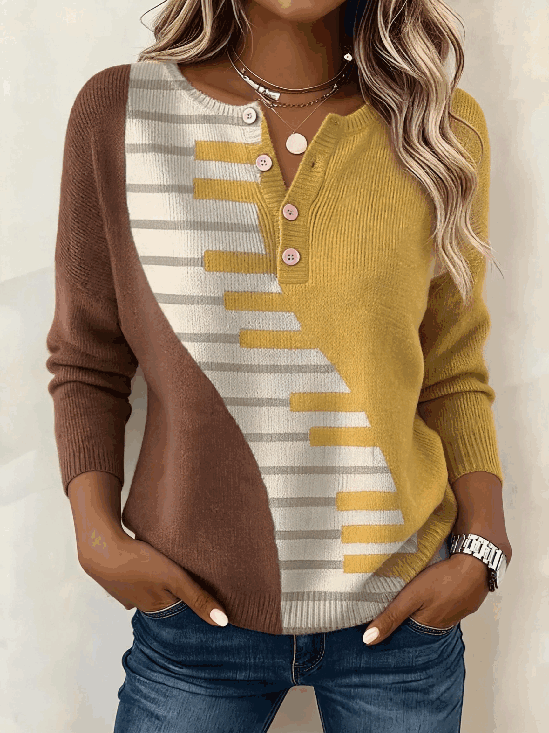 Vintage Geometric Henley Collar Long Sleeve T-shirt