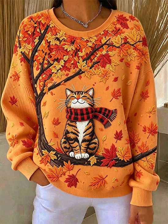 Casual Cat Crew Neck Long Sleeve Sweatshirt