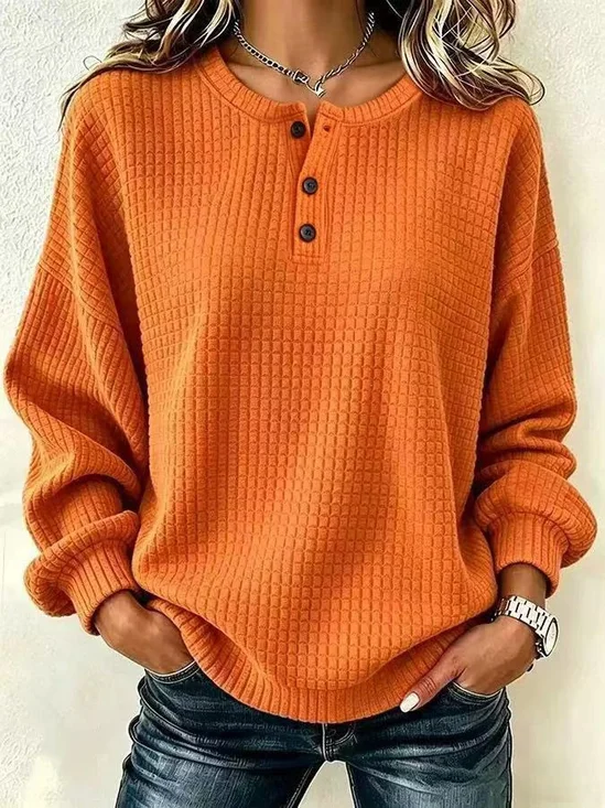 Casual Plain Half Open Collar Long Sleeve Sweatshirt