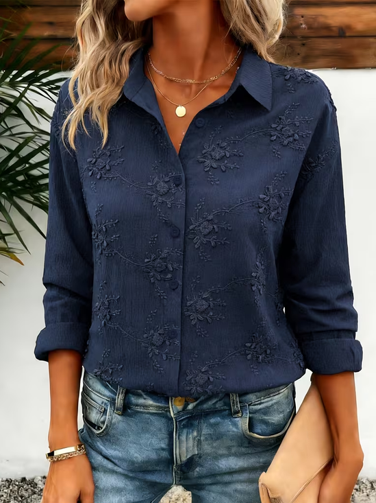 Women Floral Casual Shirt Shirt Collar Long Sleeve Buckle Top