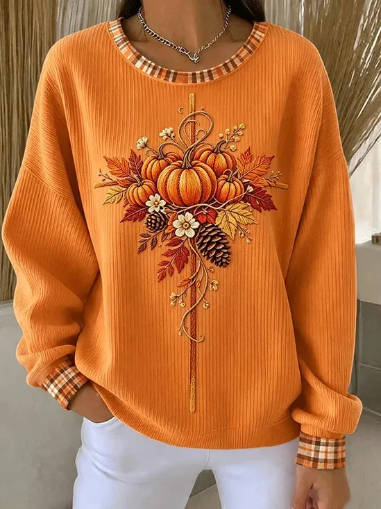 Casual Plaid Crew Neck Long Sleeve Sweatshirt