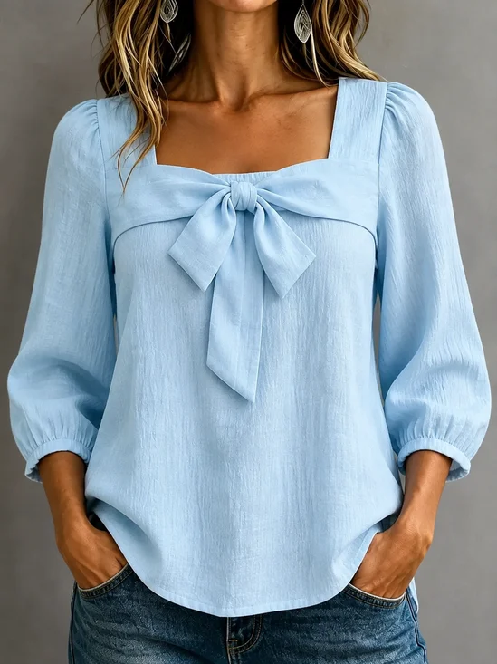 Women Plain Casual Blouse Square Neck Long Sleeve Top