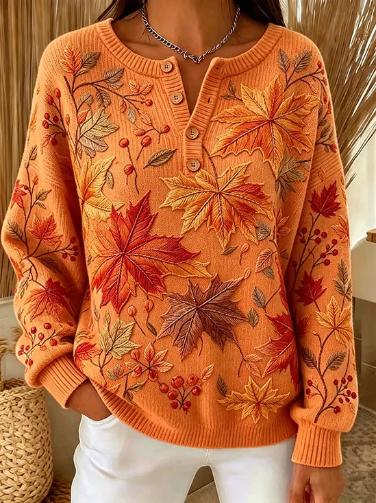 Vintage Maple Leaf Henley Collar Long Sleeve Sweatshirt