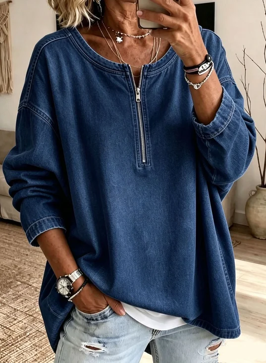 Vintage Plain Half Open Collar Long Sleeve Sweatshirt
