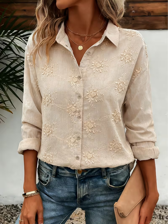 Women Floral Casual Shirt Shirt Collar Long Sleeve Buckle Top