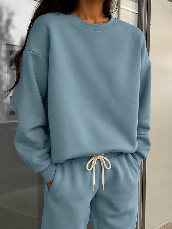 Women Plain Two-Piece Set Daily Long Sleeve Casual Spring/Fall Top With Pants Matching Set