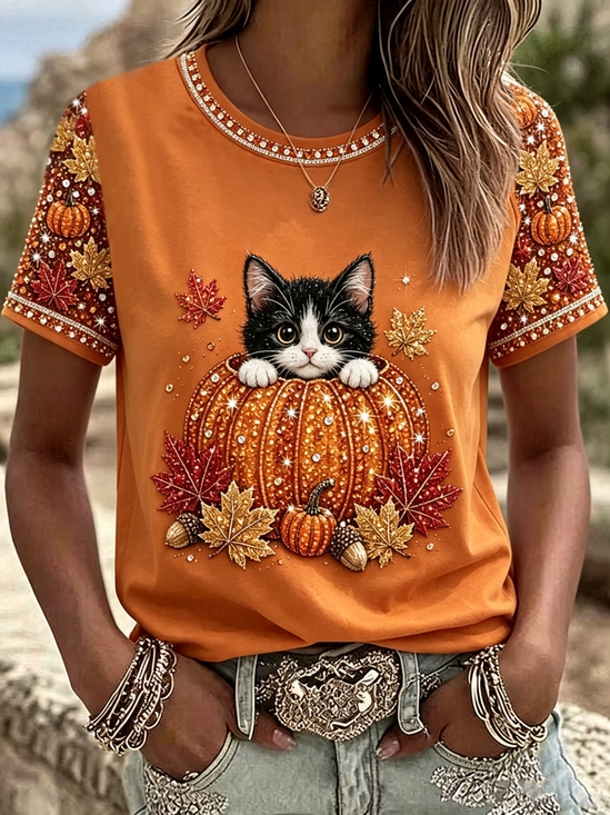 Casual Cat Crew Neck Short Sleeve T-shirt