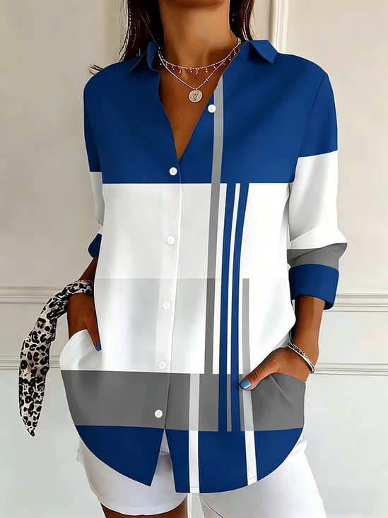 Women Abstract Casual Shirt Shirt Collar Long Sleeve Buckle Top