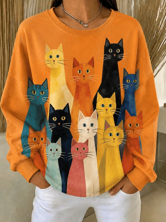 Casual Cat Crew Neck Long Sleeve Sweatshirt