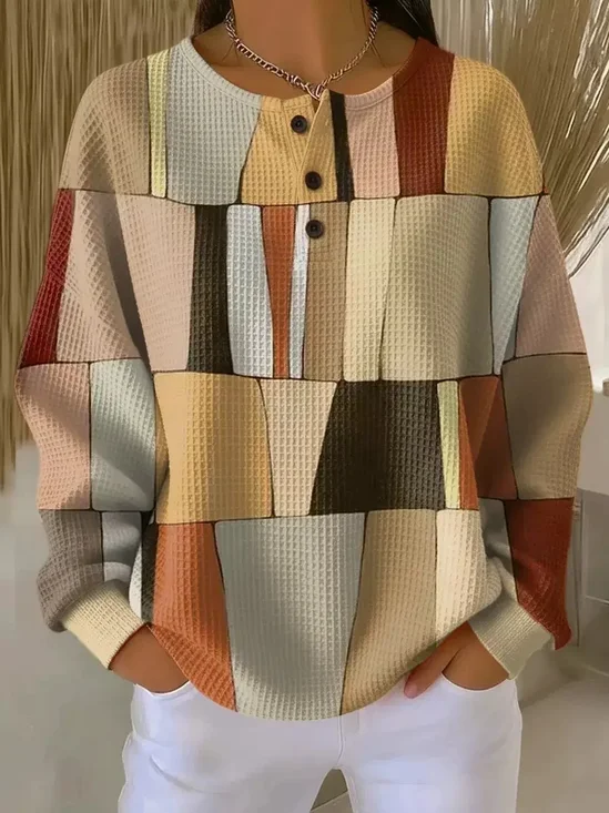 Casual Color Block Henley Collar Long Sleeve Sweatshirt