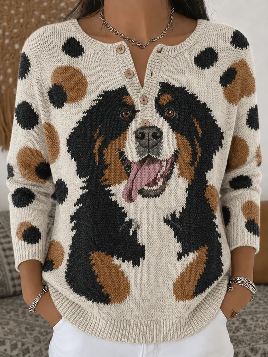 Women Imitation Cashmere Dog Long Sleeve Comfy Vintage Sweater