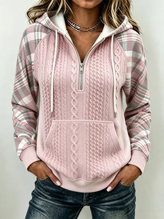 Vintage Plaid Half Open Collar Long Sleeve Sweatshirt