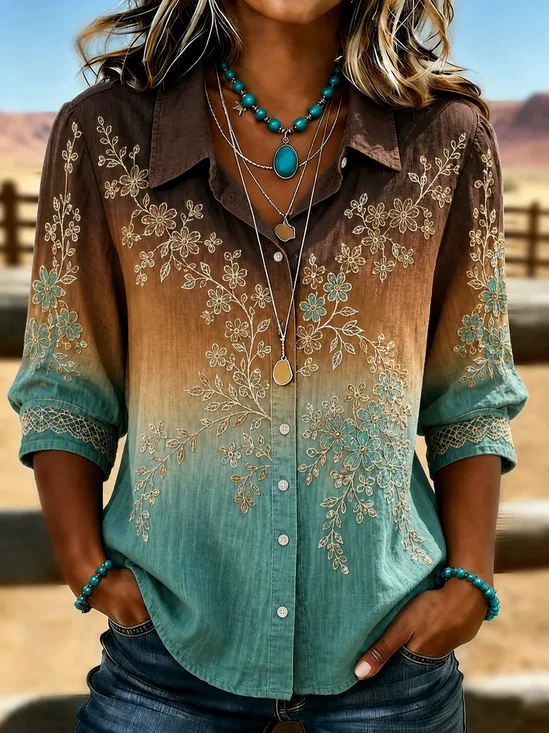 Women Floral Vintage Shirt Shirt Collar Long Sleeve Printing Top