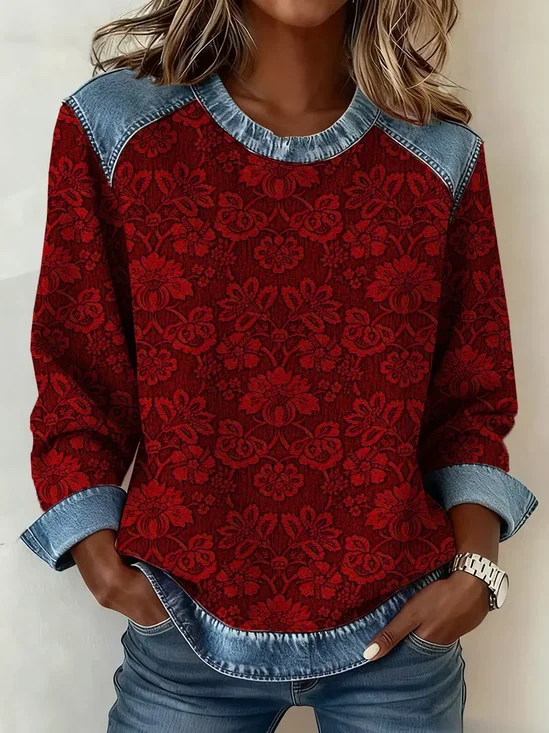 Vintage Floral Crew Neck Long Sleeve Sweatshirt
