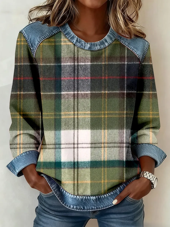 Vintage Plaid Crew Neck Long Sleeve Sweatshirt