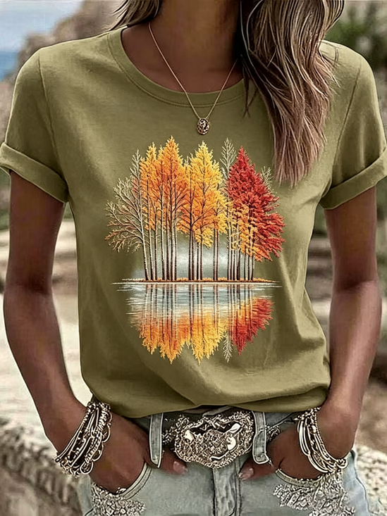 Casual Maple Leaf Crew Neck Short Sleeve T-shirt