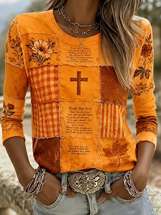 Casual Floral Crew Neck Long Sleeve T-shirt