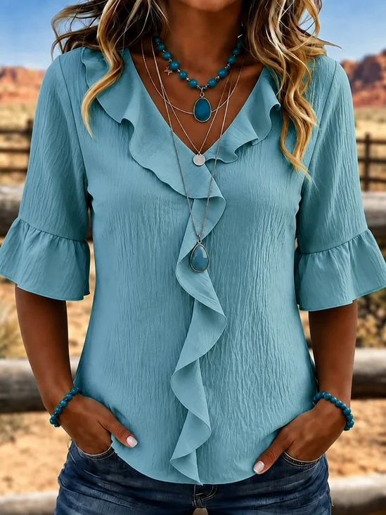 Women Plain Vintage Blouse V Neck Half Sleeve Peplum Top