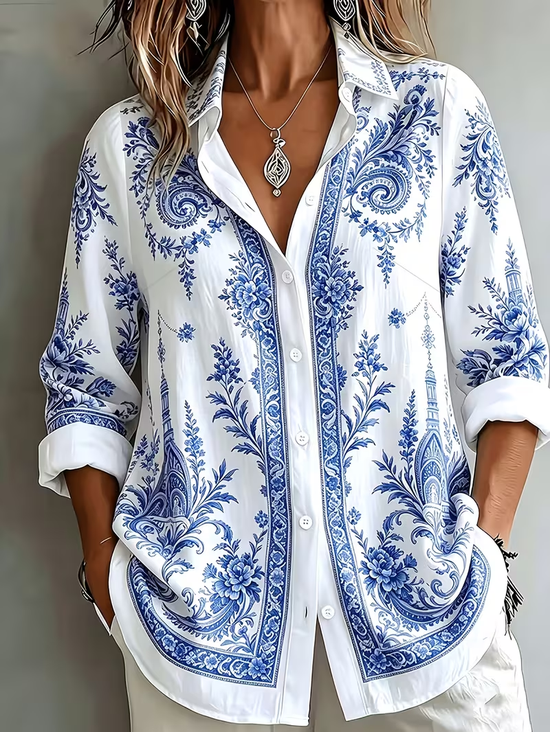 Women Floral Casual Shirt Shirt Collar Long Sleeve Buckle Top