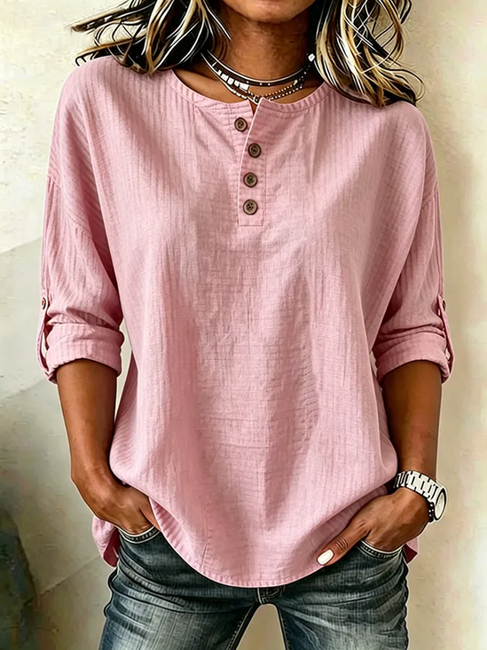 Women Plain Casual Blouse Henley Collar Long Sleeve Buttoned Top
