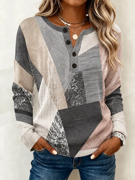 Casual Geometric Henley Collar Long Sleeve T-shirt