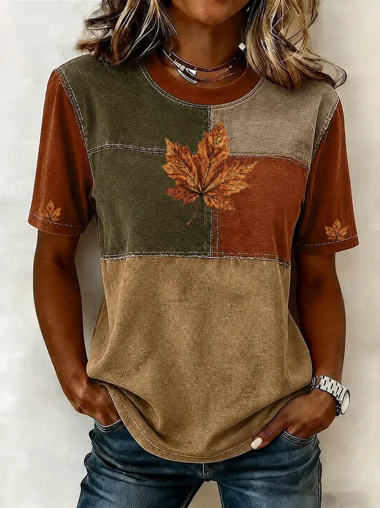 Casual Maple Leaf Crew Neck Short Sleeve T-shirt