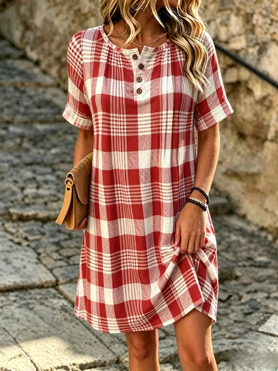 Women Plaid Summer Pocket Stitching Dress Henley Collar Short Sleeve Shift Dress H-Line Dress