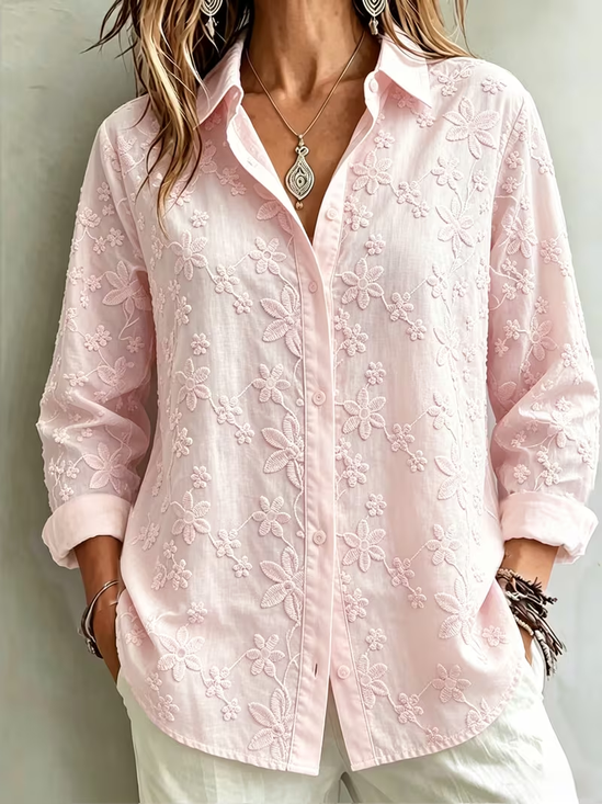 Women Floral Casual Shirt Shirt Collar Long Sleeve Buckle Top