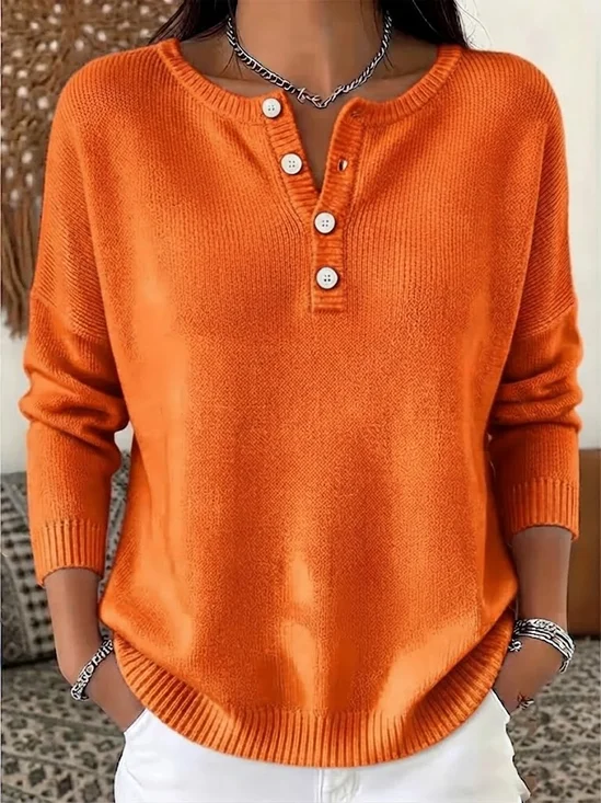 Vintage Plain Henley Collar Long Sleeve Sweatshirt