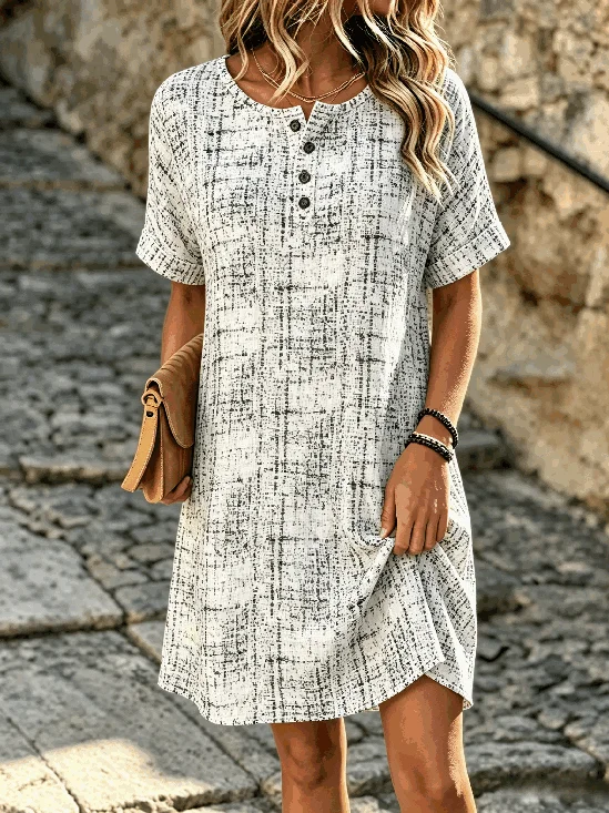 Women Abstract Summer Pocket Stitching Dress Henley Collar Short Sleeve Shift Dress H-Line Dress