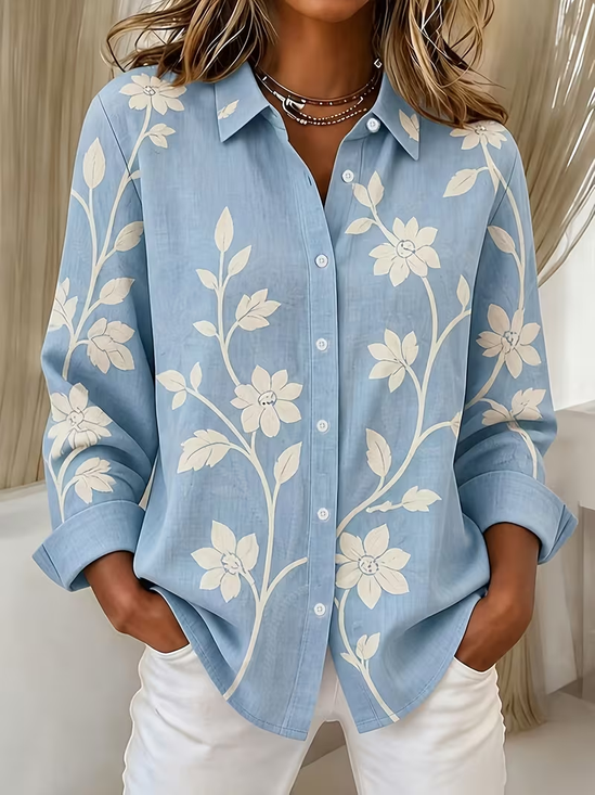 Women Floral Casual Shirt Shirt Collar Long Sleeve Buckle Top