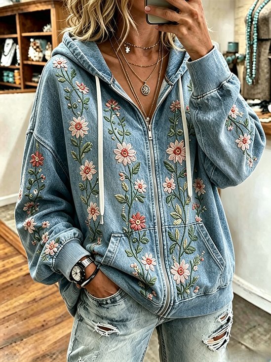 Women Spring/Fall Outerwear Casual Floral Long Sleeve Hoodie Jacket