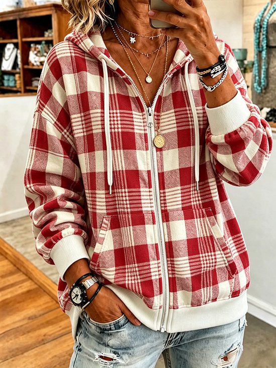 Women Spring/Fall Outerwear Casual Plaid Long Sleeve Hoodie Jacket