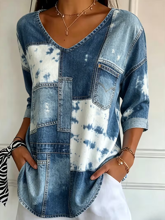 Casual Faux Denim Print Graphic V Neck Three Quarter Sleeve T-shirt