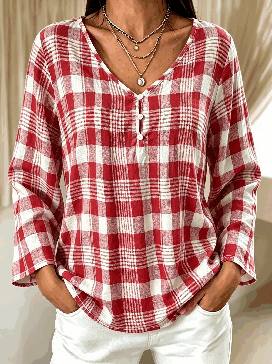 Vintage Plaid V Neck Long Sleeve T-shirt